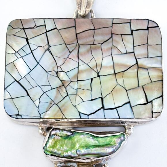 Vintage Sterling Silver 925 8cm Fractured Design Abalone Pearl Peridot Pendant - Picture 6 of 8